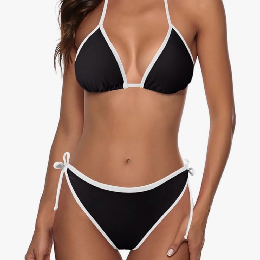 Zonsaoja string bikini halter side tie swimsuit two piece color block triangle b